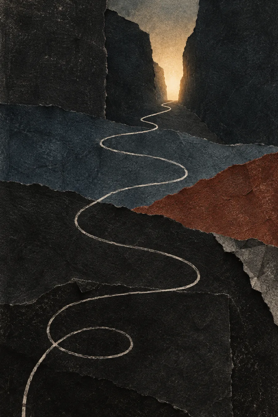 Caminho sinuoso atravessa camadas escuras de papel rasgado em direção à luz.