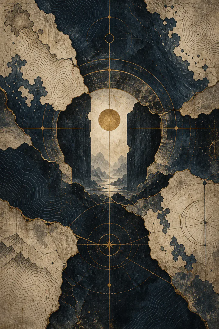 Mapa abstrato em azul profundo e papel envelhecido, atravessado por linhas cartográficas douradas.