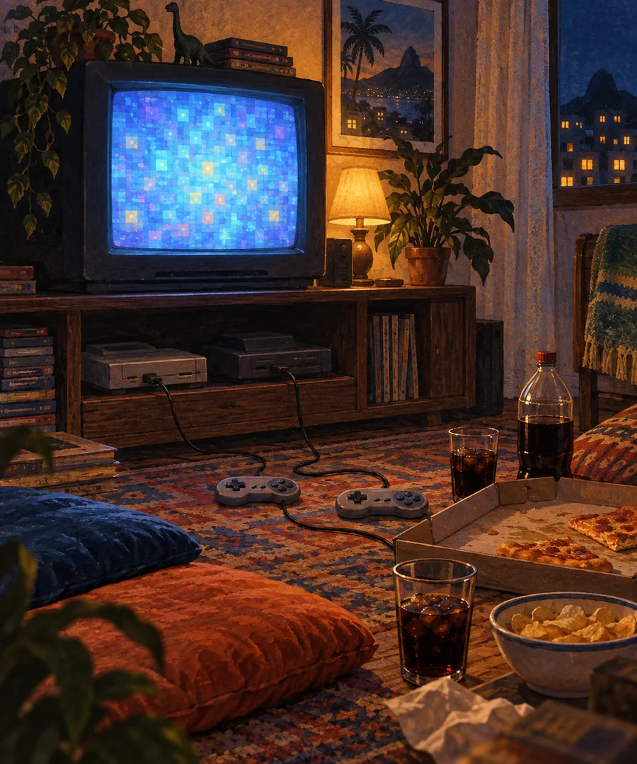 Sala à noite com TV de tubo, videogames, controles, pizza e almofadas no chão.